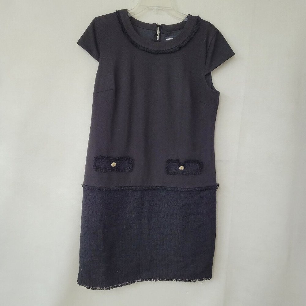 Karl Lagerfeld Dress Women 12 Black Ponte Cap Sleeve Tweed Fringe Lined Back Zip